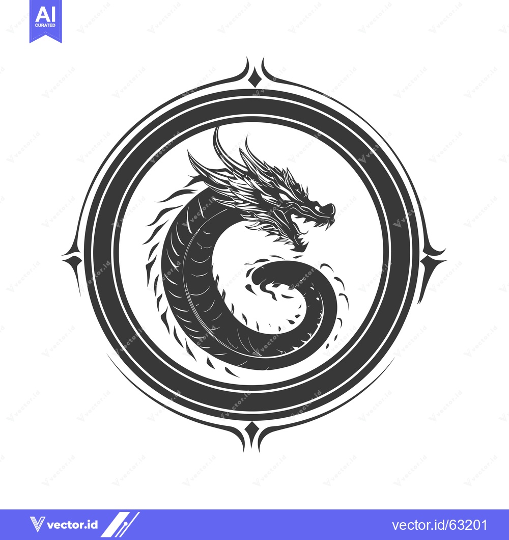 Premium Vector of A Black and White Illustration of a Coiled Dragon in a Circular Frame