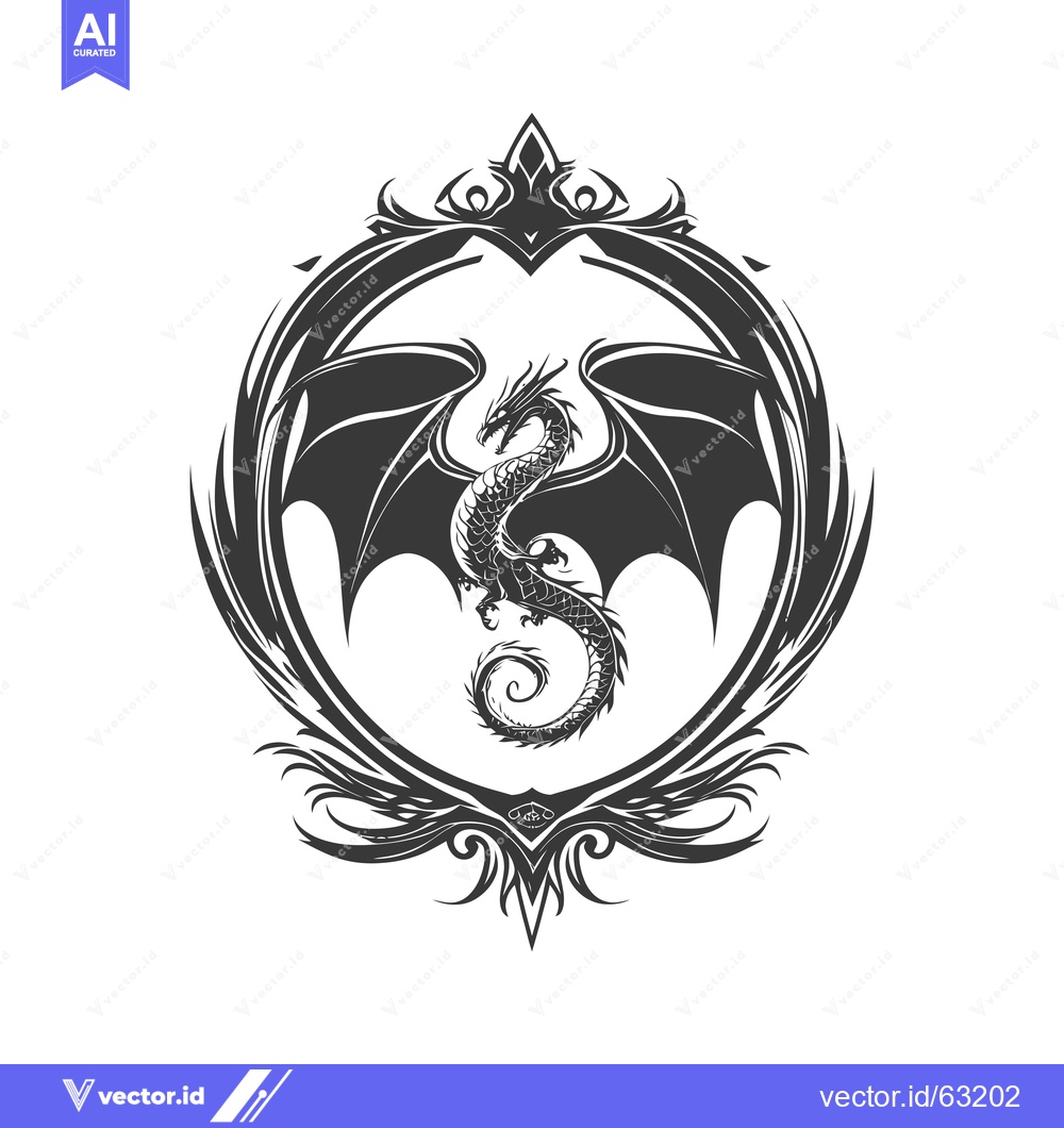 Premium Vector dari Black Dragon with Wings in Ornamental Frame