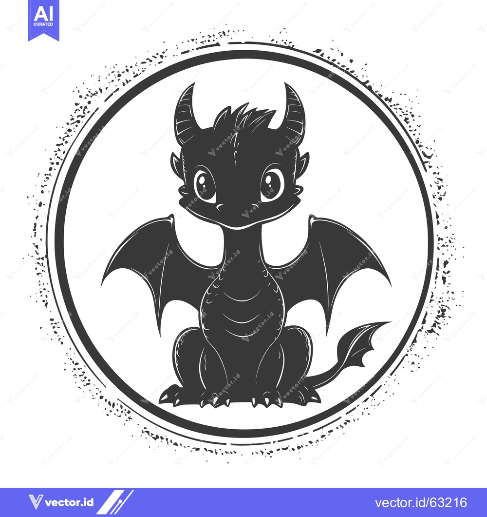Premium Vector of Cute Black Silhouette Dragon with Wings in a Circle with a Distressed