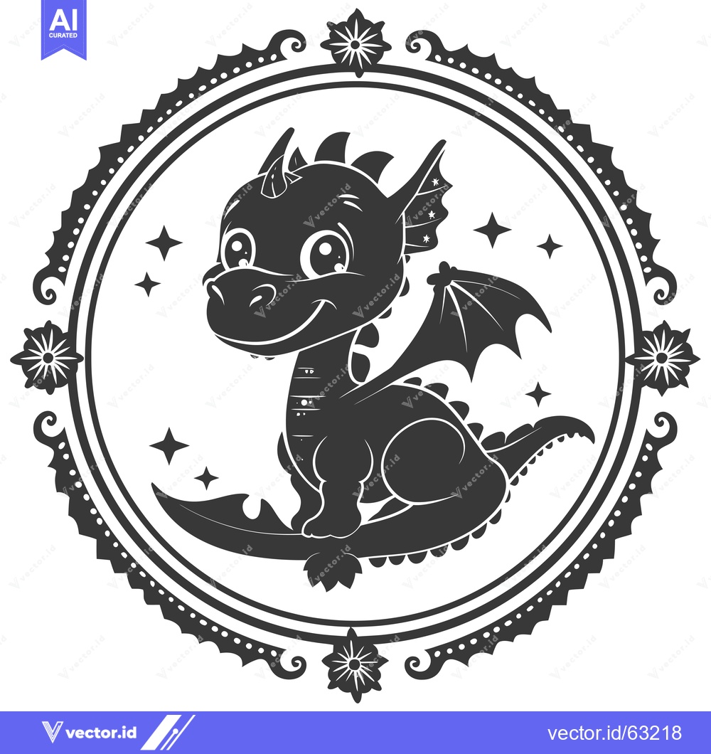 Premium Vector of Cute Baby Dragon with Large Eyes in a Decorative Circle Frame