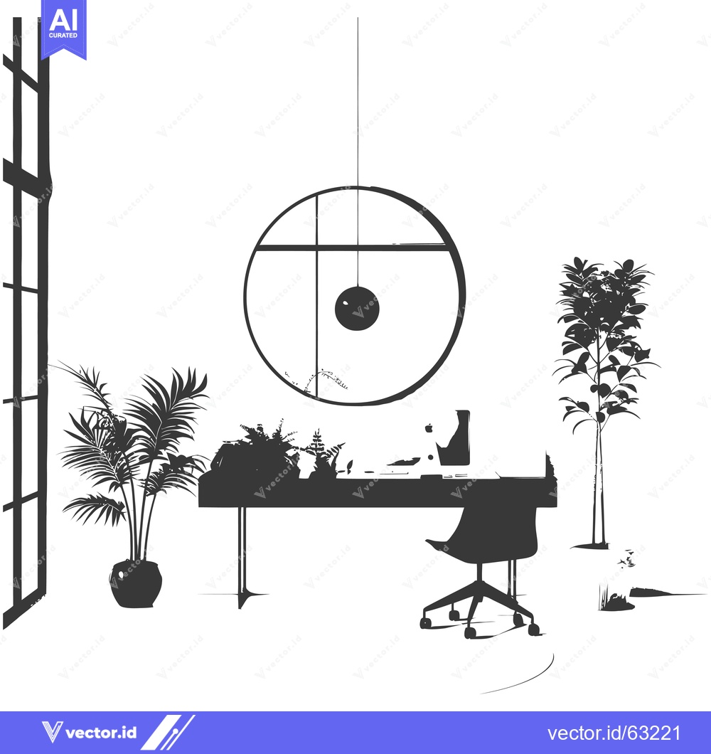 Premium Vector dari Minimalist Silhouette of an Office Workspace with Plants and a Circula