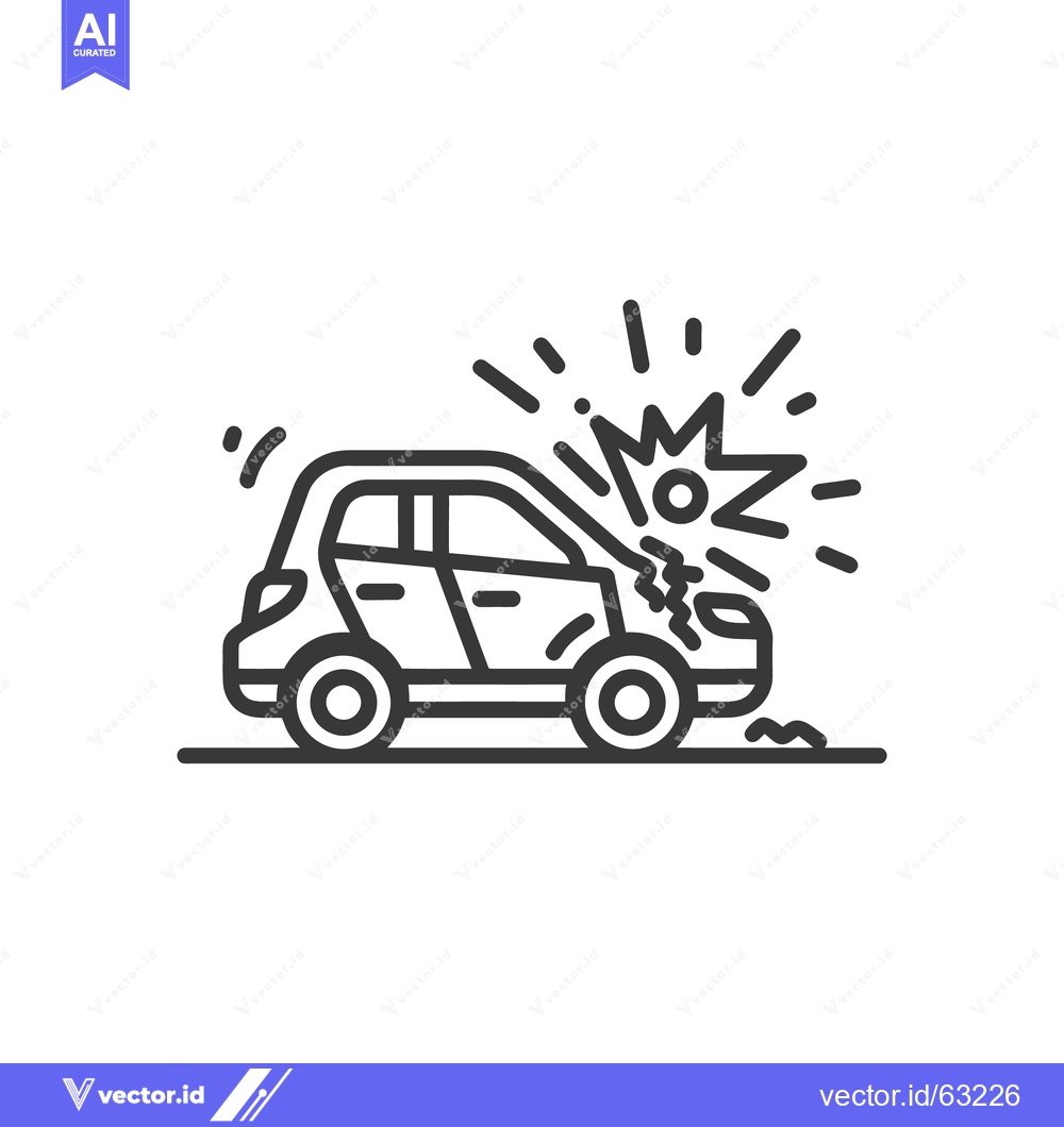 Premium Vector of Car Crash Icon: Damaged Vehicle with Impact Sparks, Line Art Style