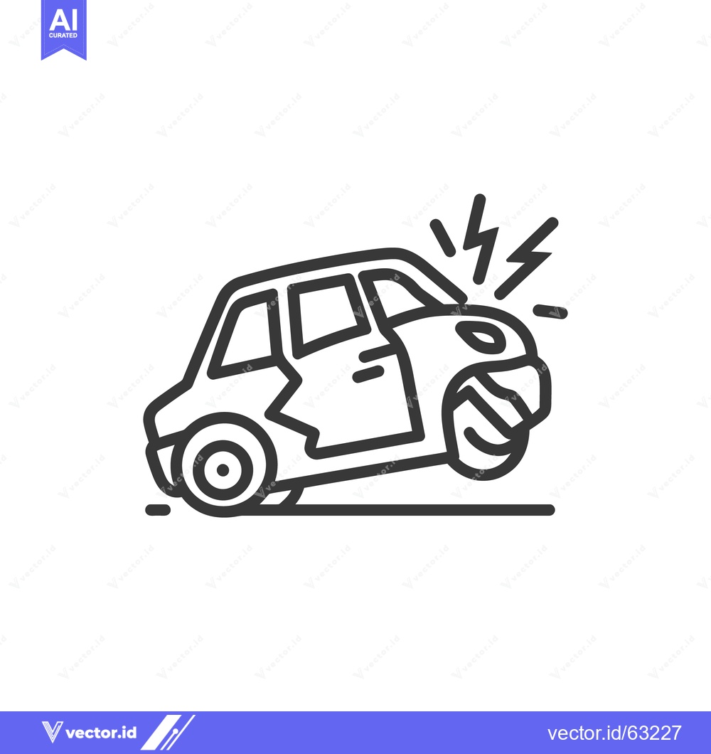 Premium Vector of Car Crash Icon: Damaged Vehicle with Lightning Bolts, Outline Style