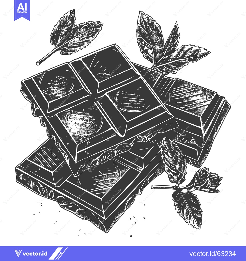 Premium Vector of Stacked dark chocolate squares accompanied by fresh green leaves