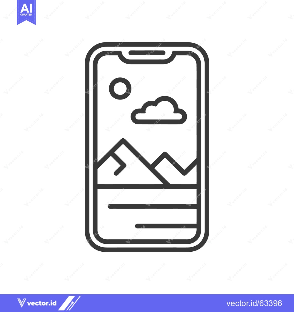 Premium Vector of Minimalist Phone Icon Displaying Mountain Landscape with Sun and Cloud