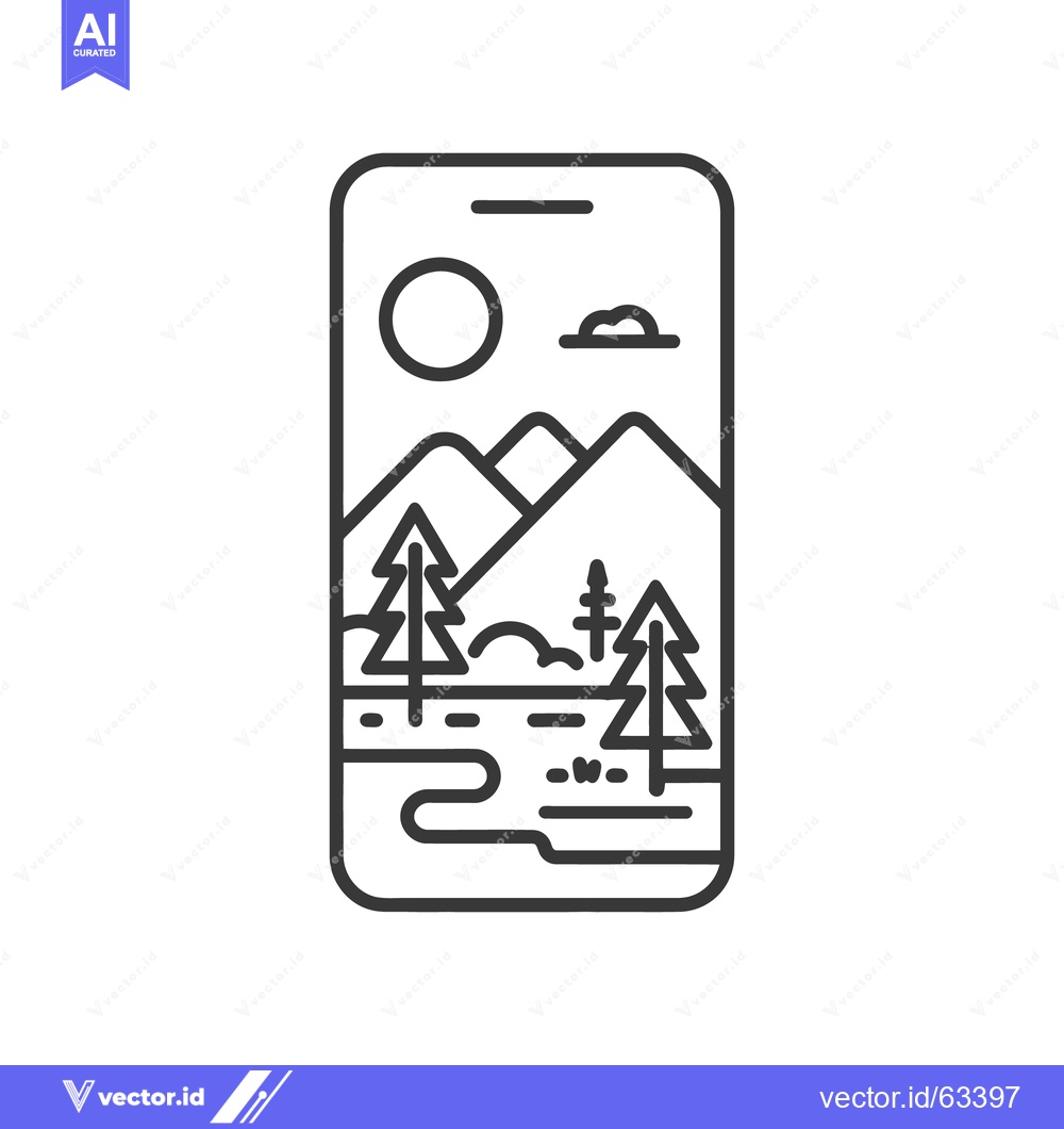 Premium Vector of Minimalist Mobile Landscape: Mountains, Trees, and River Icon Design