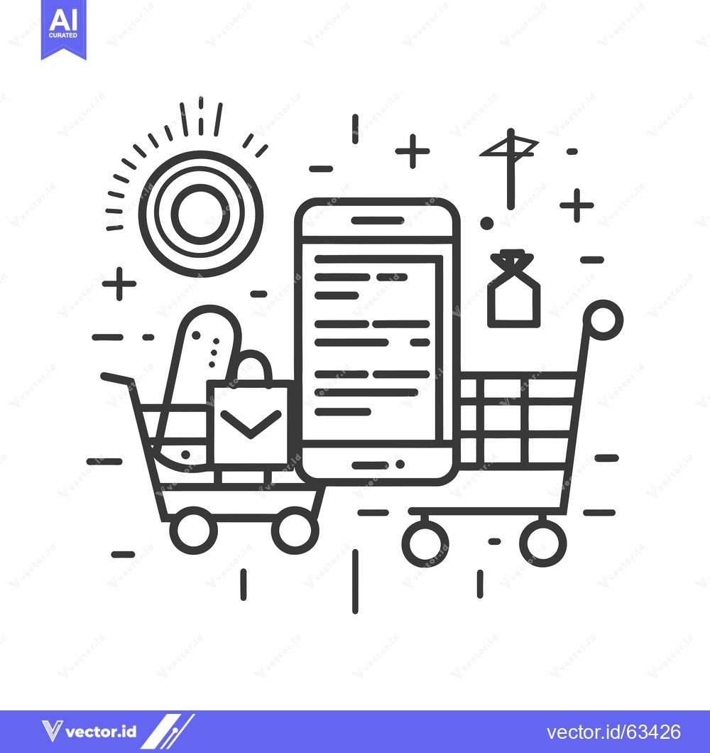 Premium Vector dari Mobile Phone Shopping Cart with Checked Bag and Sunburst