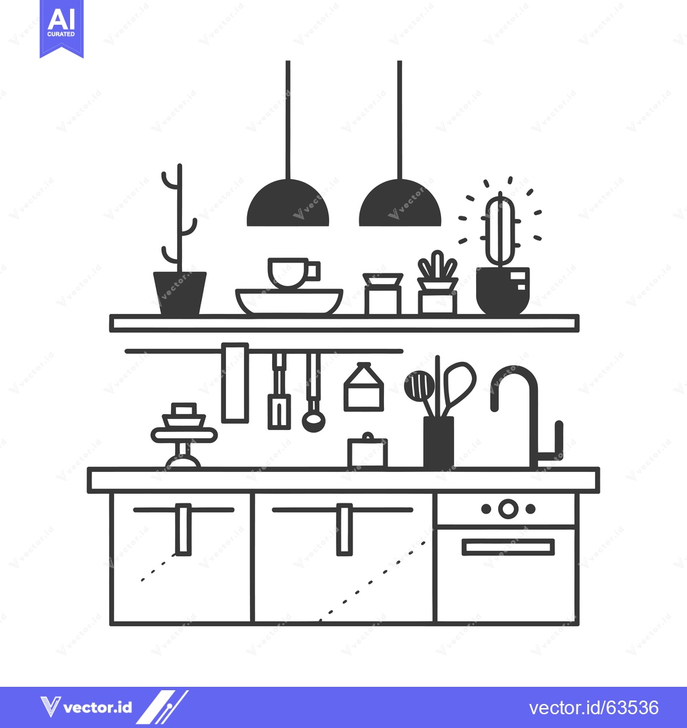 Premium Vector of Modern Kitchen Countertop with Hanging Utensils and Plants