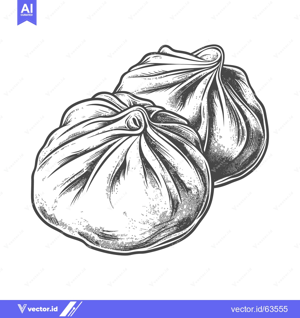 Premium Vector of Detailed black and white illustration showing two filled dumplings