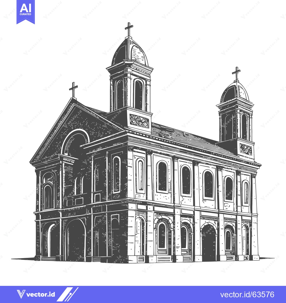 Premium Vector dari A detailed black and white architectural rendering of a church