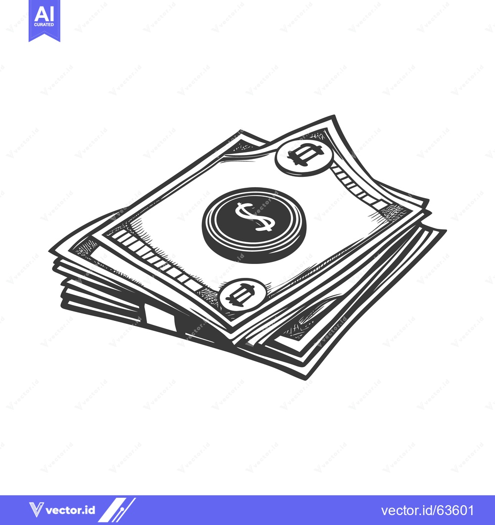 Premium Vector of A detailed black and white sketch depicts stacked paper currency bills