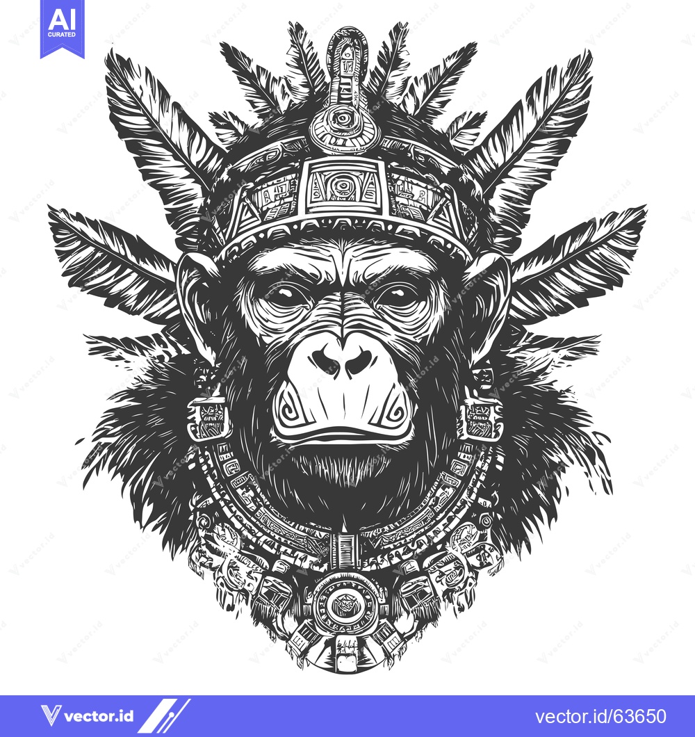Premium Vector of Monkey Head with Tribal Feathers and Ornaments
