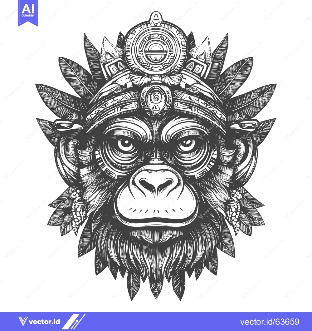 Premium Vector dari Monkey with Ornate Headpiece and Feathers