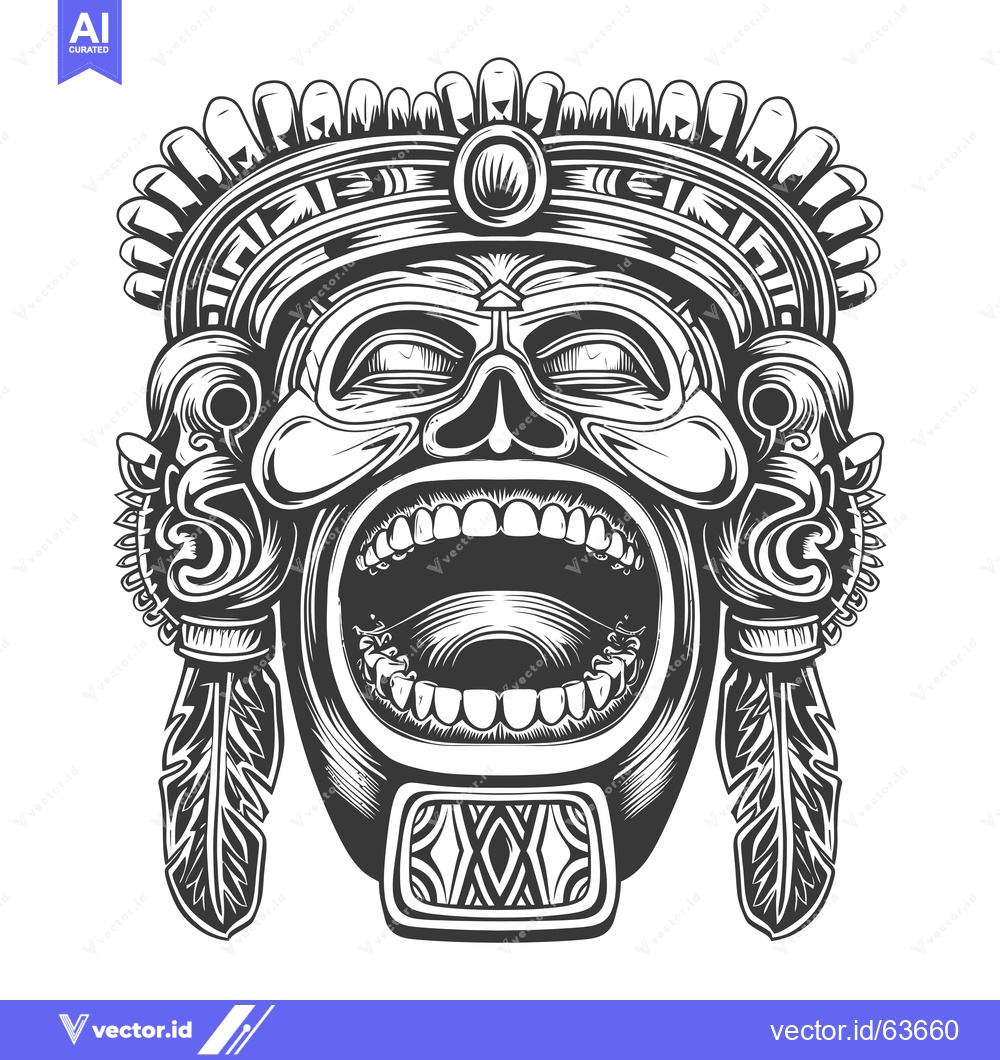 Premium Vector of Monochromatic Illustration of a Detailed Mayan Mask with Open Mouth an
