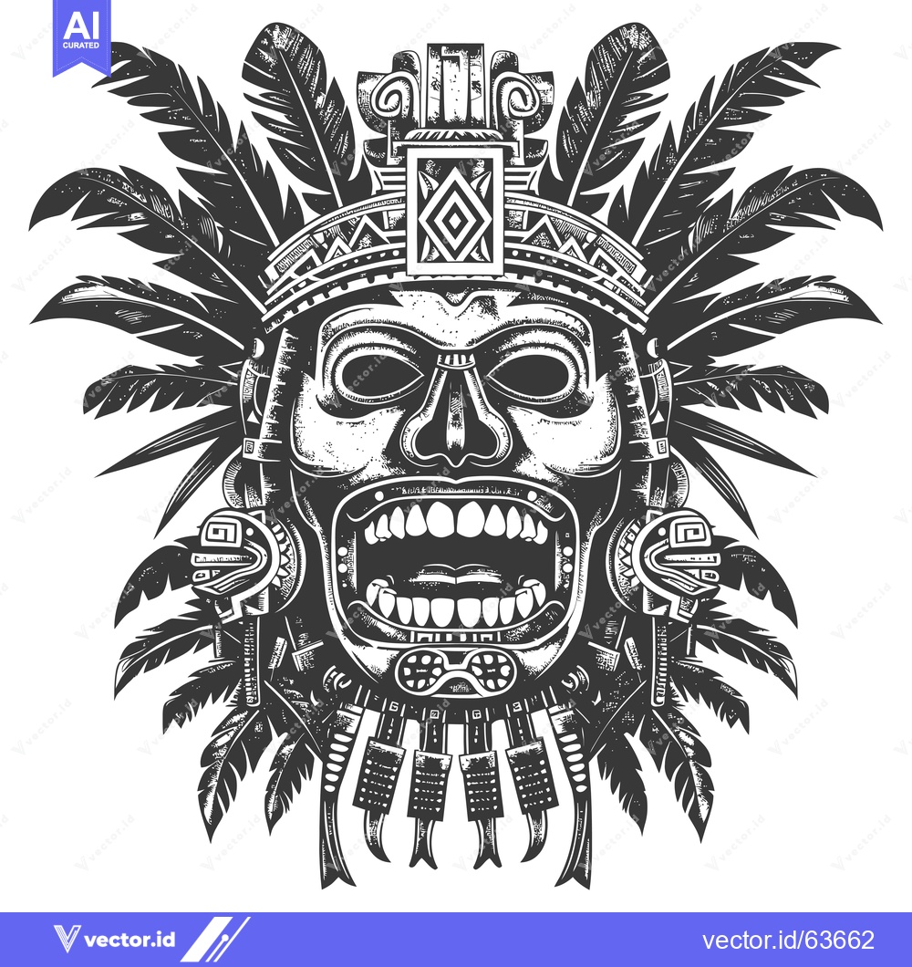 Premium Vector of Monochromatic Illustration of an Ancient Mayan or Aztec Mask with Feat