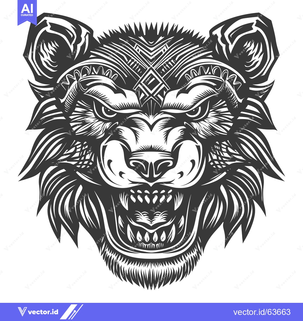 Premium Vector of Monochromatic illustration of a snarling bear head with detailed fur a