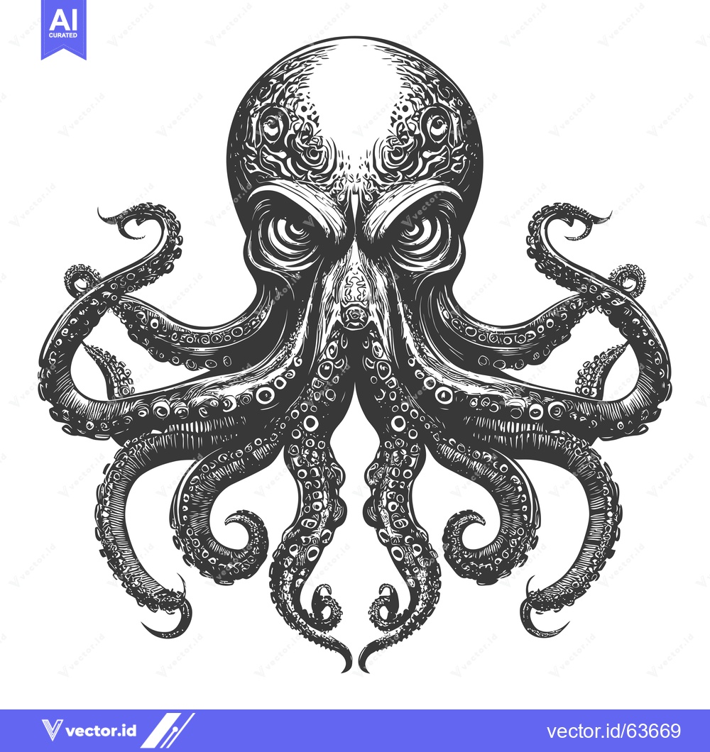 Premium Vector of Monochrome Illustration of a Detailed Octopus with Tentacles