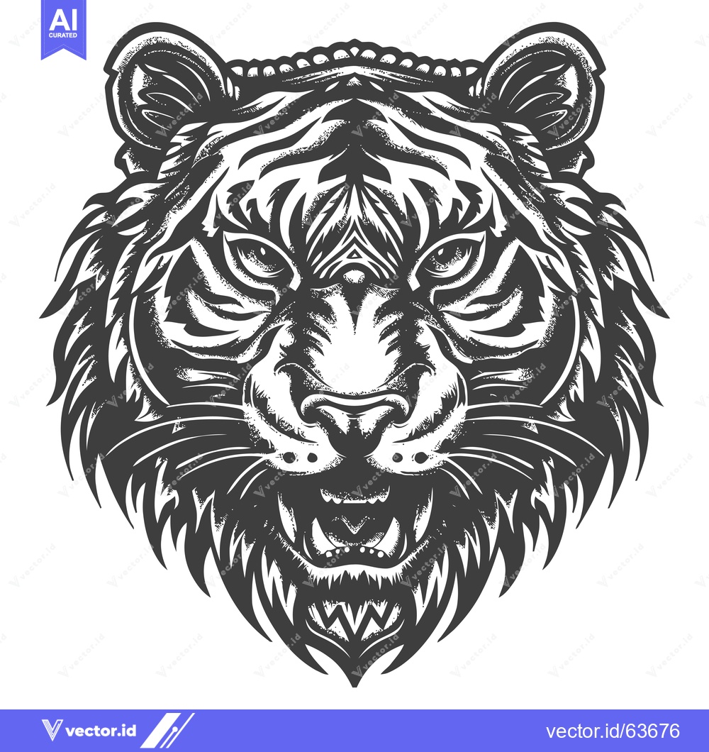 Premium Vector dari Monochrome Illustration of a Tiger's Face with Open Mouth