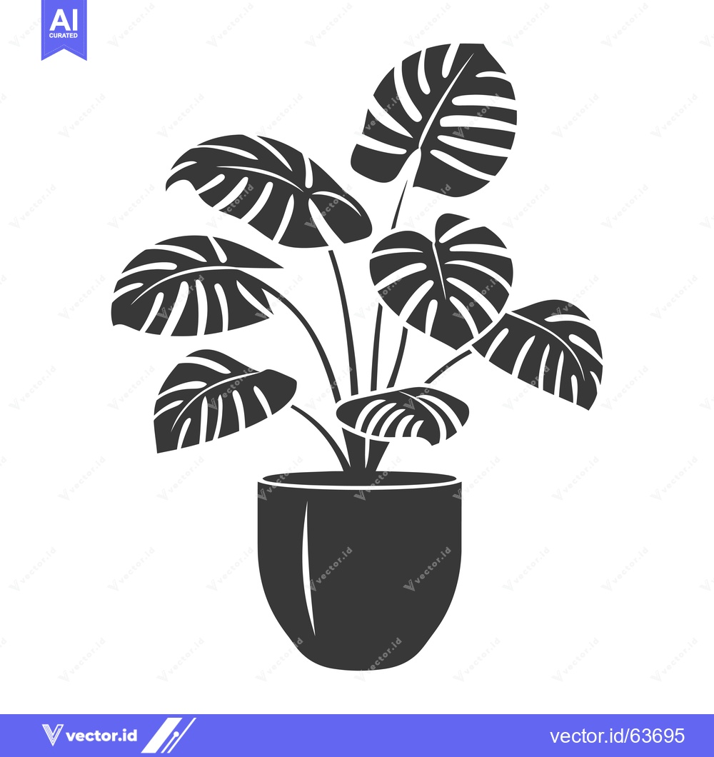 Premium Vector of Monstera Deliciosa Plant In Pot Silhouette