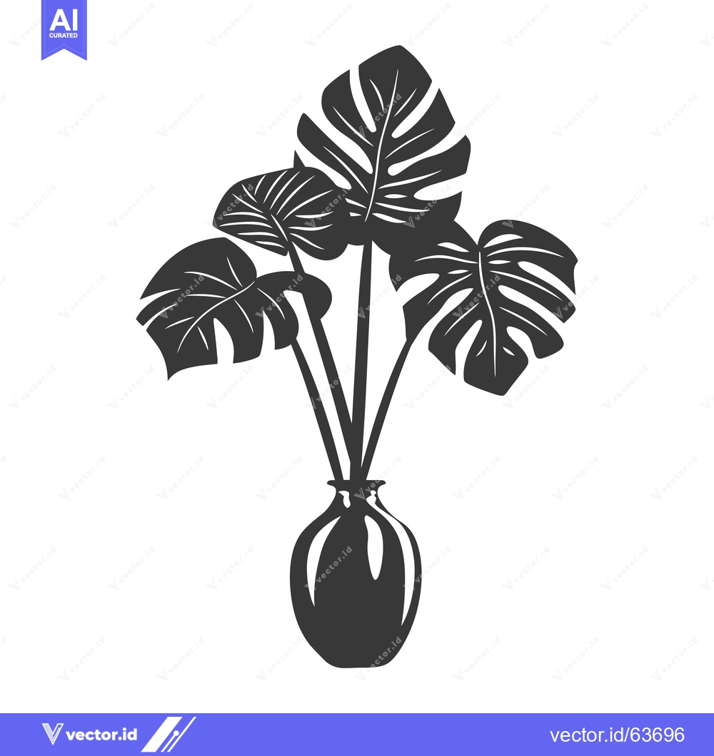 Premium Vector dari Monstera Plant in a Round Vase, Black and White Illustration
