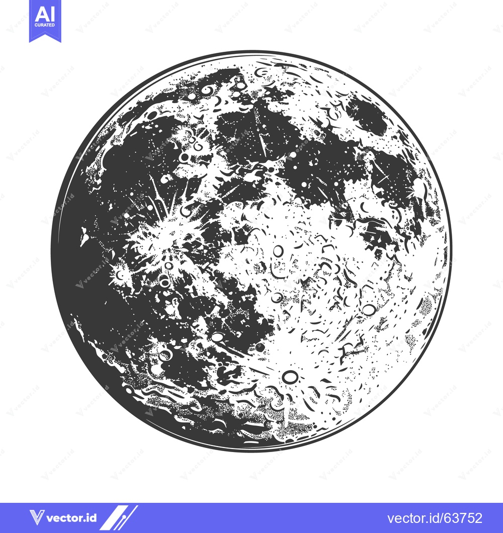 Premium Vector of This detailed black and white illustration depicts a full moon in spac