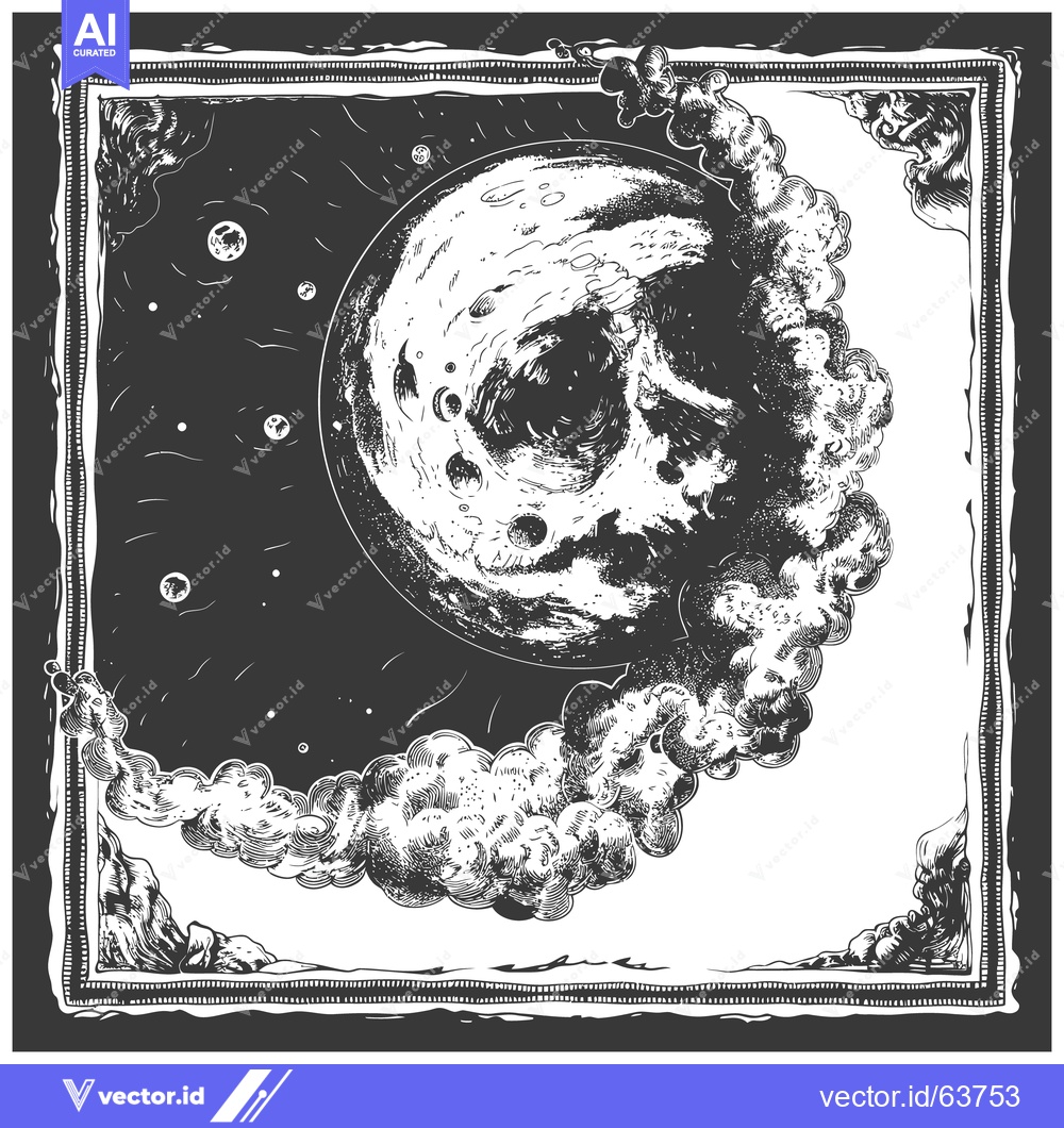 Premium Vector dari A detailed illustration depicting the moon surrounded by clouds and st