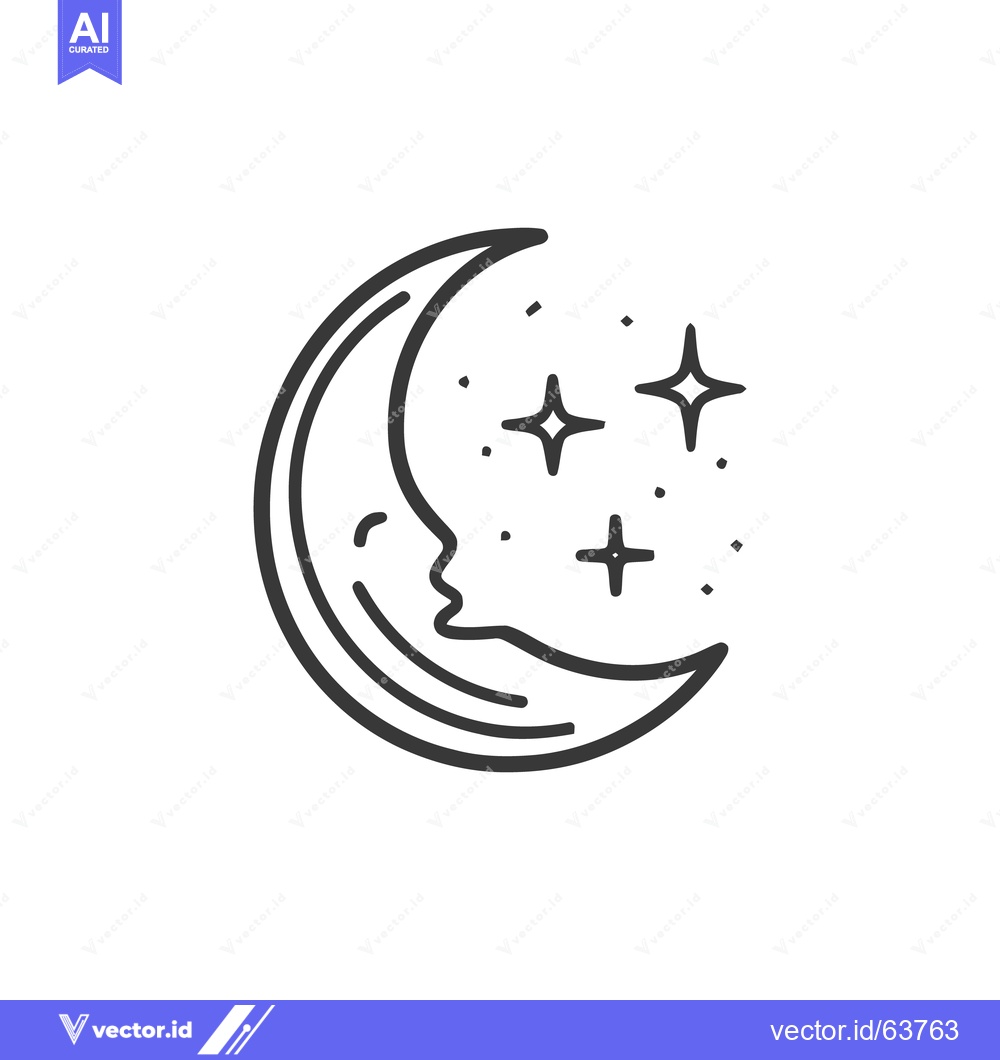 Premium Vector of Crescent Moon Face with Stars, Minimalist Line Art Illustration