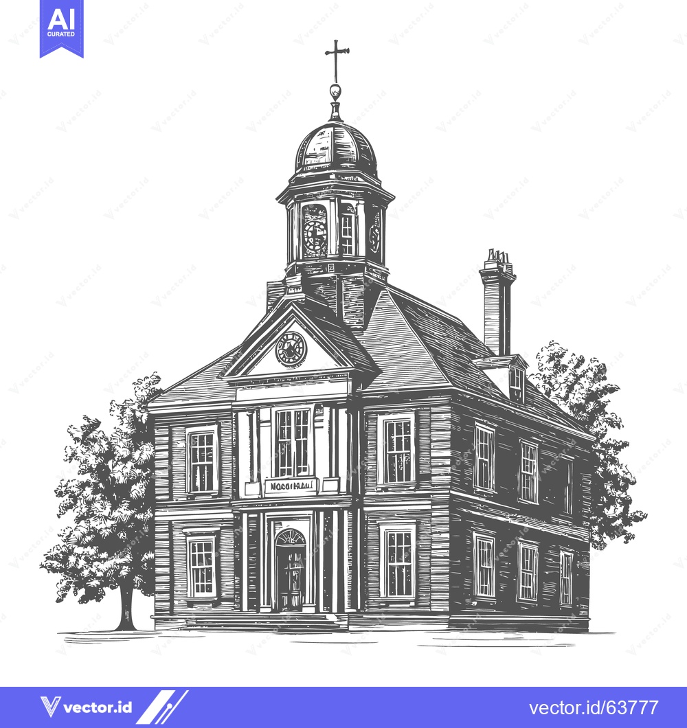 Premium Vector of Detailed architectural rendering of a stately building with trees in v
