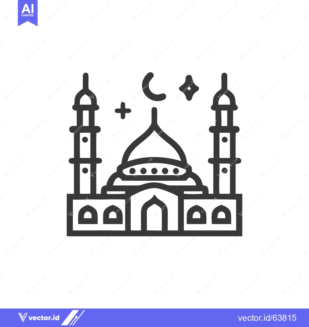 Premium Vector of Minimalist Mosque Icon with Crescent Moon and Stars, Black Outline on