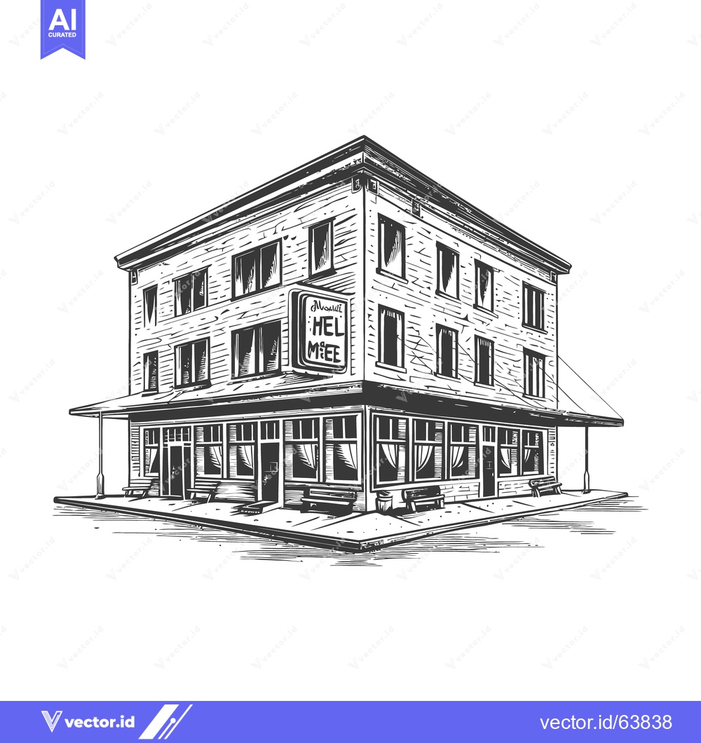 Premium Vector of An old corner building with benches on the sidewalk stands
