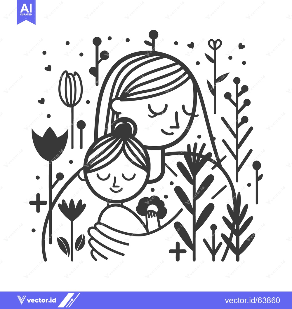 Premium Vector of A mother embraces her child amongst stylized floral illustrations