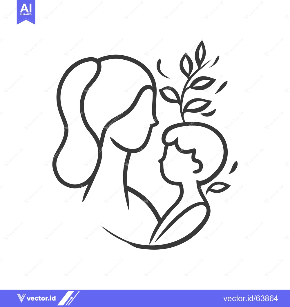Premium Vector dari Simple line drawing depicts a mother and a child with plant