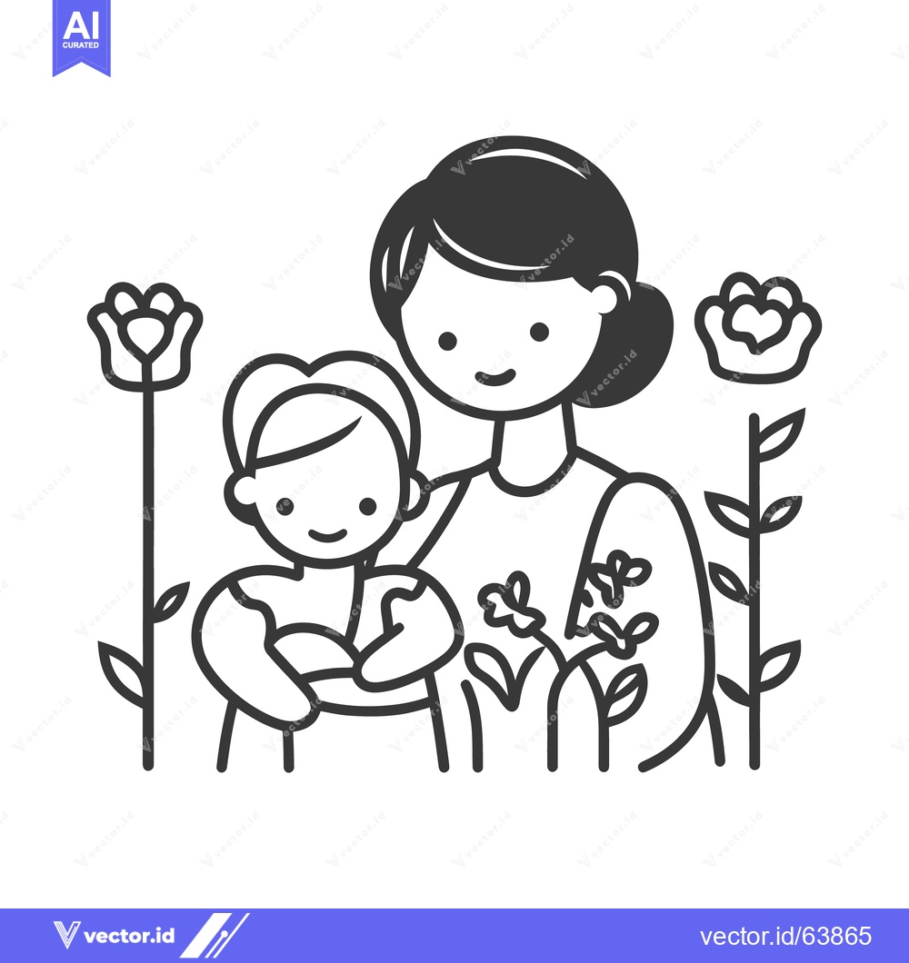 Premium Vector dari A mother and child surrounded by flowering plants smile