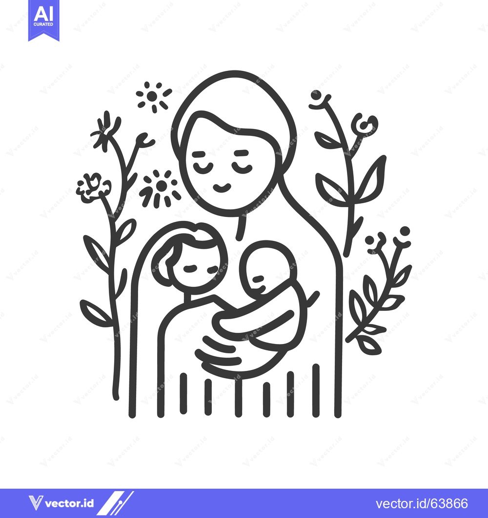 Premium Vector of Loving mother holding two children surrounded by decorative floral des