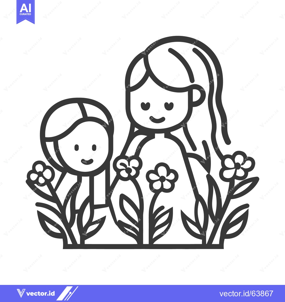 Premium Vector dari A mother and child stand amongst blooming garden flowers happily