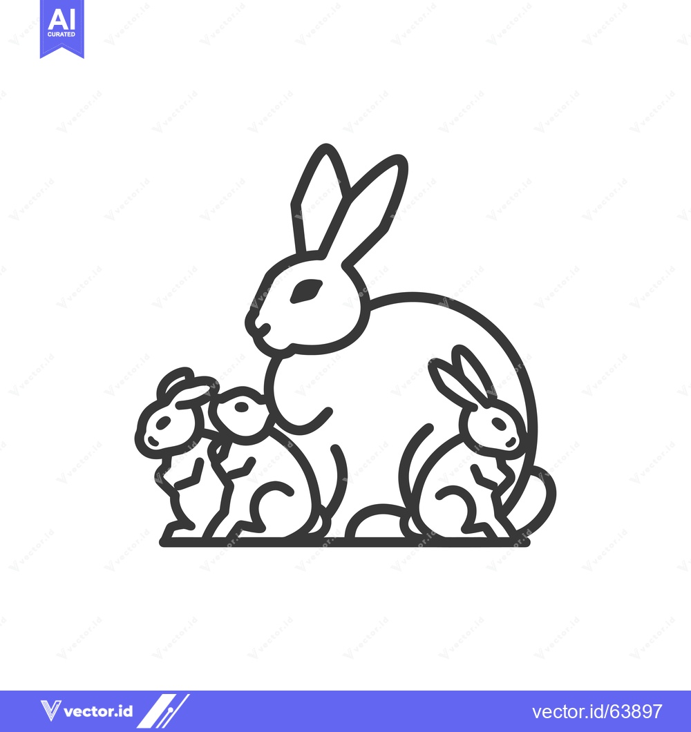 Premium Vector of Mother Rabbit and Two Baby Bunnies Line Art Illustration