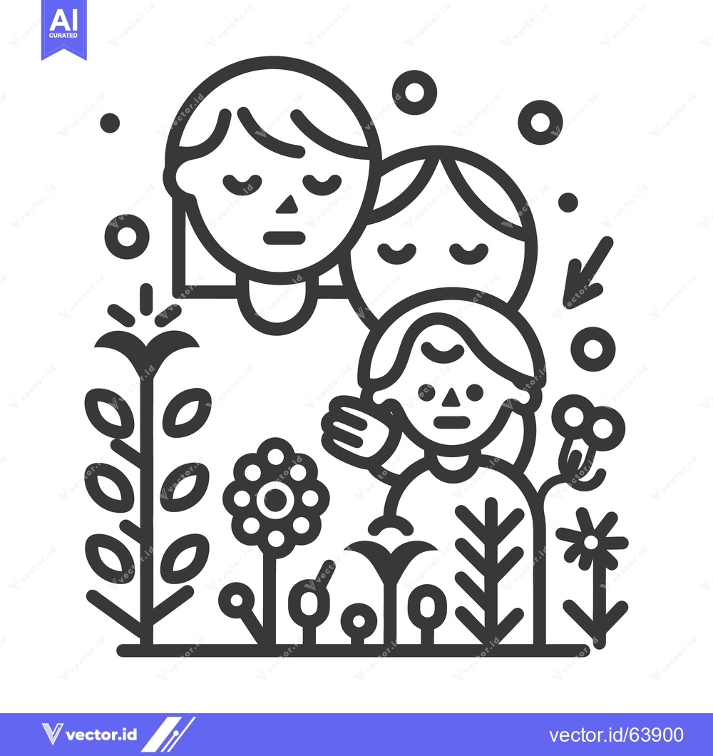 Premium Vector dari A family of three stands in a stylized garden setting