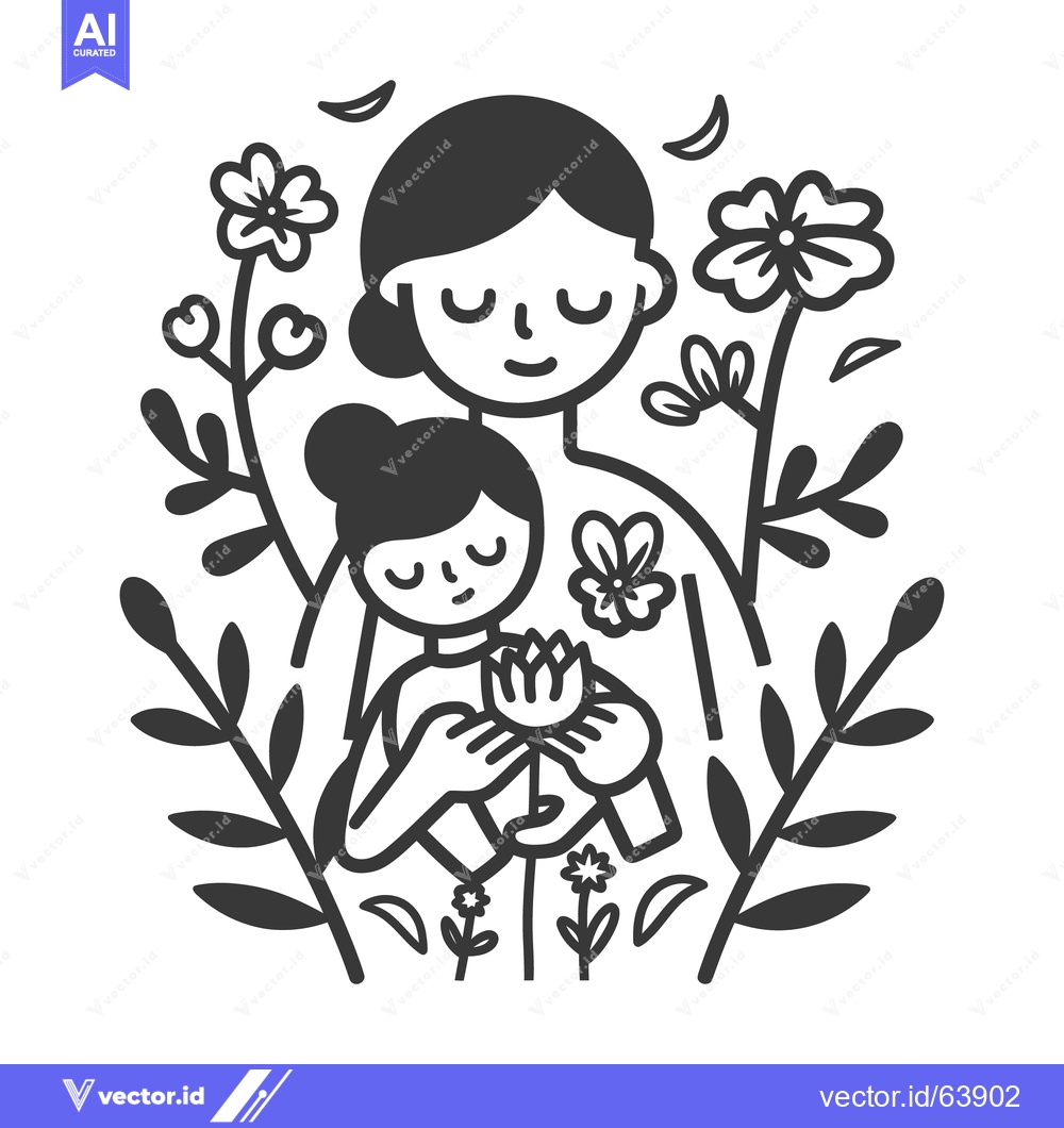 Premium Vector of A mother and child surrounded by flowers and plants