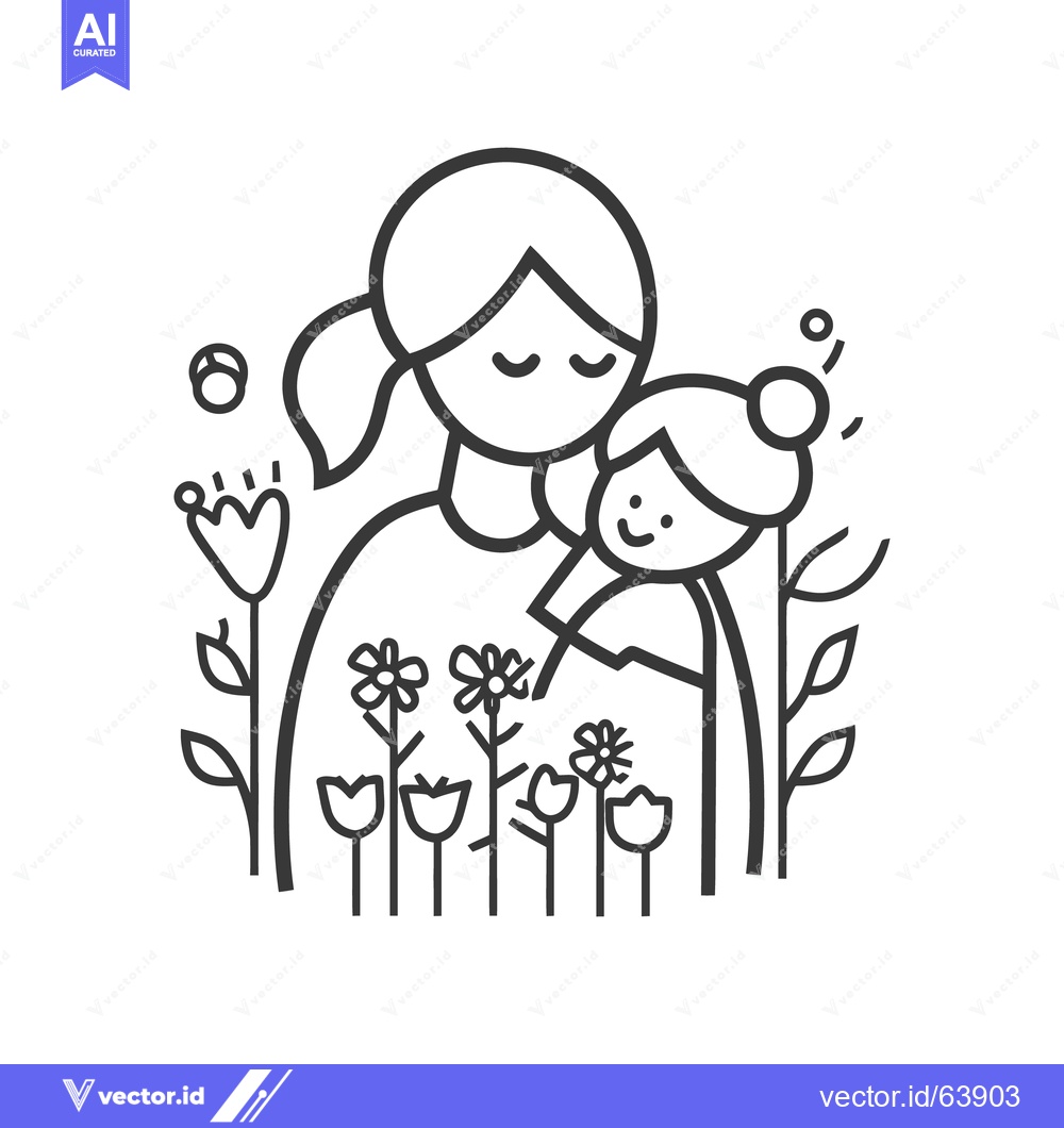 Premium Vector of A mother and child embrace near blooming garden flowers