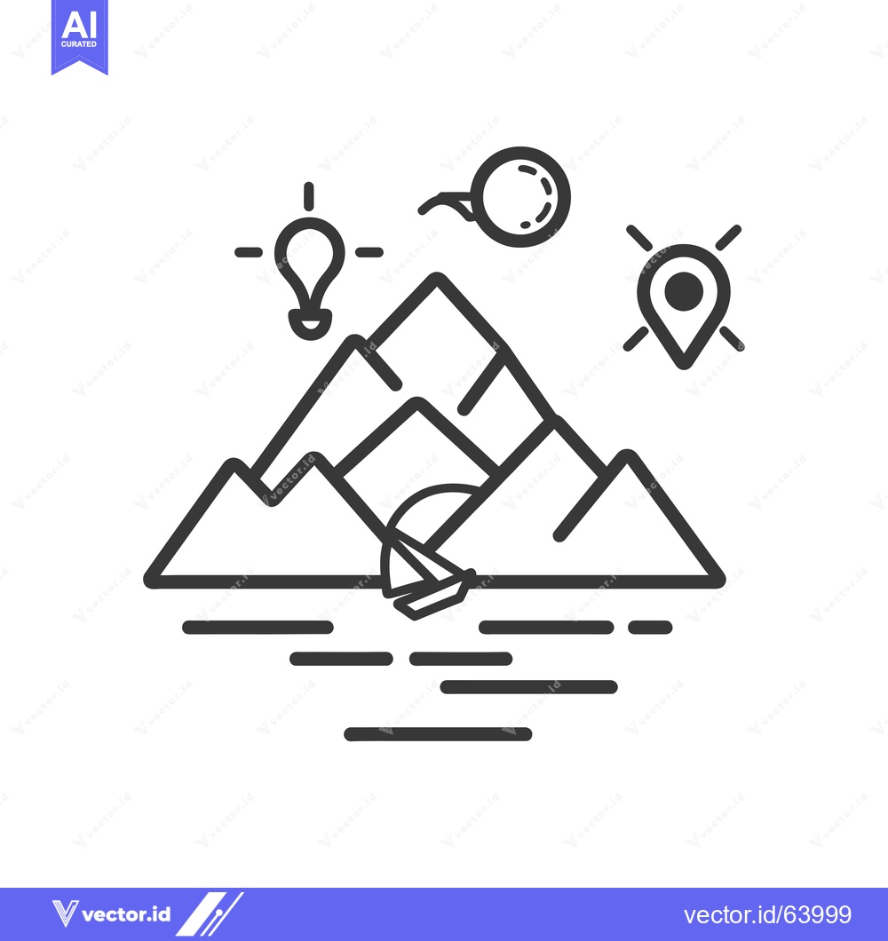 Premium Vector of Mountain Landscape with Hot Air Balloon, Boat, and Location Pin