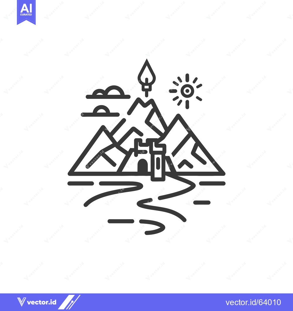 Premium Vector dari Mountainous Landscape with a Tower and a River