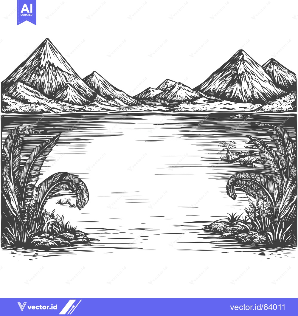 Premium Vector dari Mountainous Landscape with a Tranquil Lake and Lush Vegetation