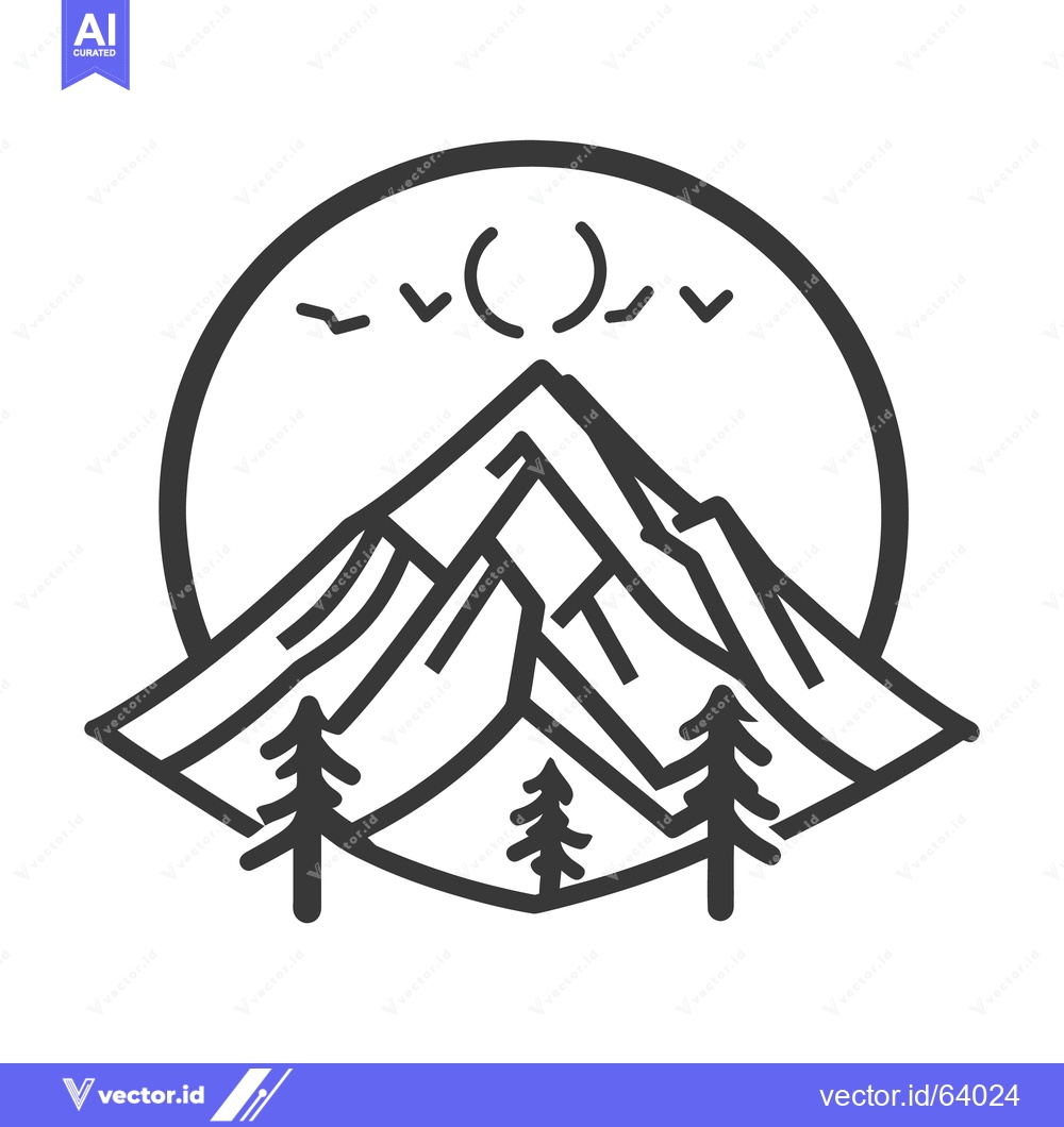 Premium Vector dari A circular mountain scene with trees and stylized birds