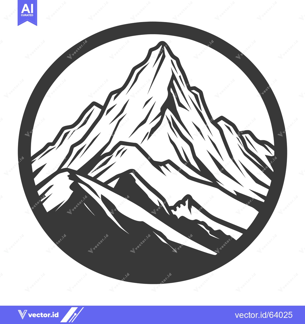 Premium Vector of A monochrome illustration featuring rugged mountain peaks inside a cir