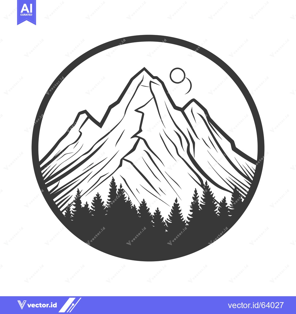 Premium Vector dari A monochrome graphic depicts a mountain landscape inside a circle