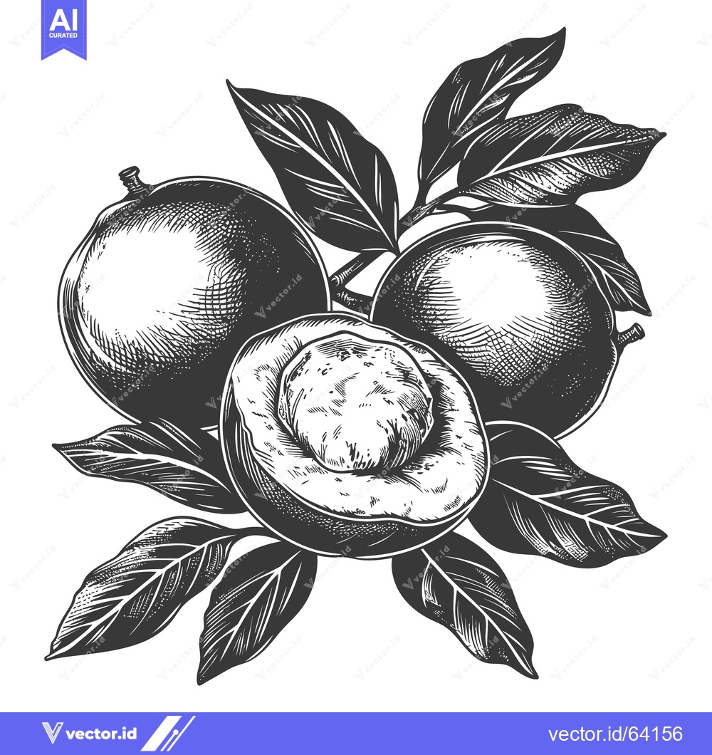 Premium Vector dari A black and white botanical illustration of fresh fruits and leaves