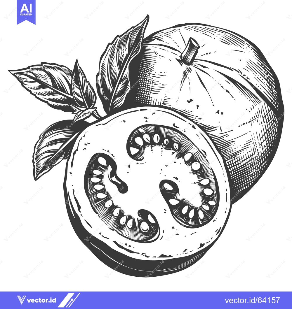 Premium Vector dari A detailed artistic illustration featuring ripe tomatoes and basil lea