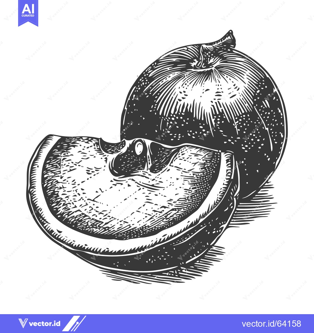 Premium Vector dari A detailed grayscale illustration depicts a plum with a slice