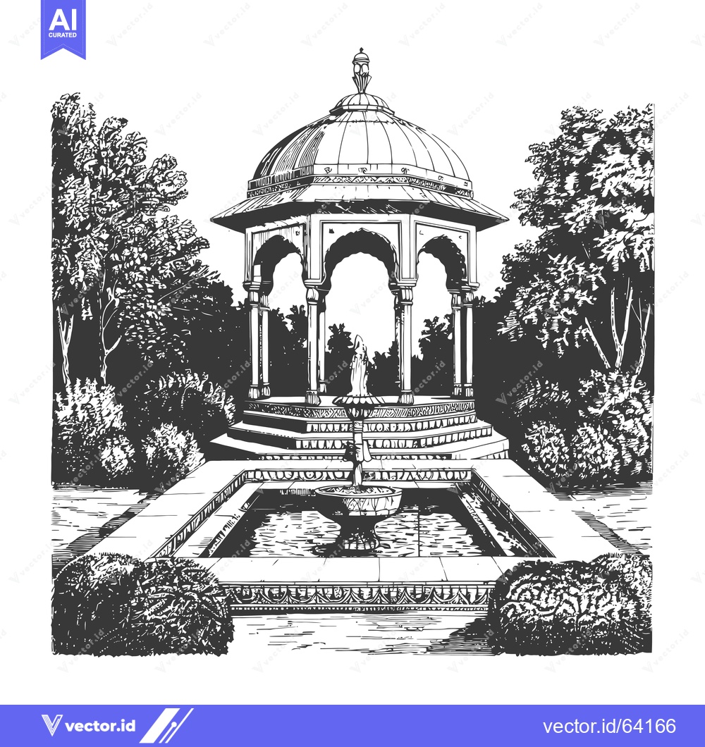 Premium Vector dari Ornate Gazebo with Fountain and Surrounding Greenery