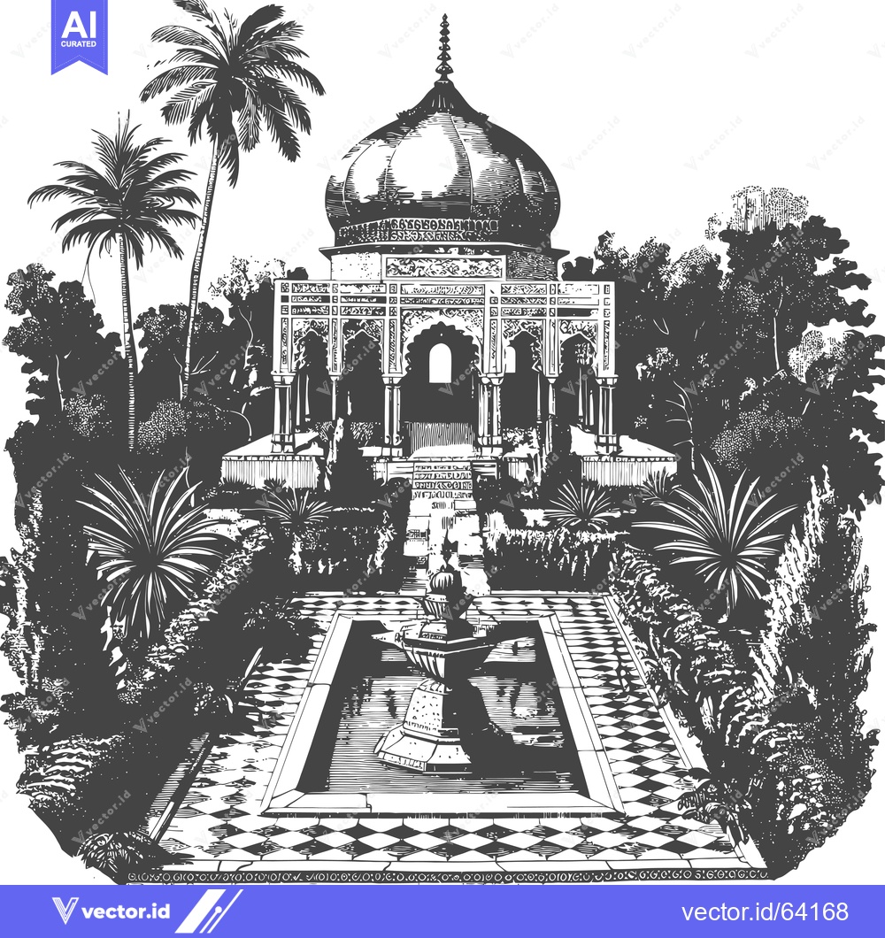 Premium Vector of An Enchanting Courtyard with a Domed Pavilion and a Central Fountain